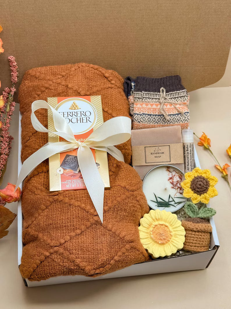 Cozy Care Package: Hug In A Box, Encouragement Gift with Hygge Blanket, Sunflower Crochet